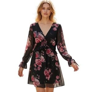 Vintage Women's‎ Dress Black Floral Print Long Sleeve V Neck Tie Front Ruffle